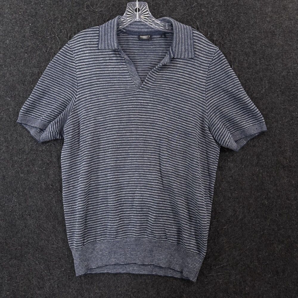 Faherty Reserve Sweater Polo Men's Medium Cayman Navy Striped Linen Collared